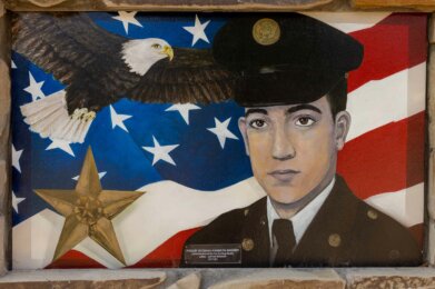 a mural of veteran Kenneth Sheriff on display at Amherst Patriots Park