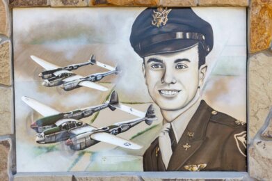 a mural of USAF Major Patrick Simone on display at Amherst Patriots Park